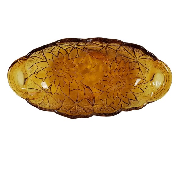 Vintage Amber Gold Opalescent Glass Oval Sunflower Bowl Relish Nut Candy Dish - Picture 4 of 10